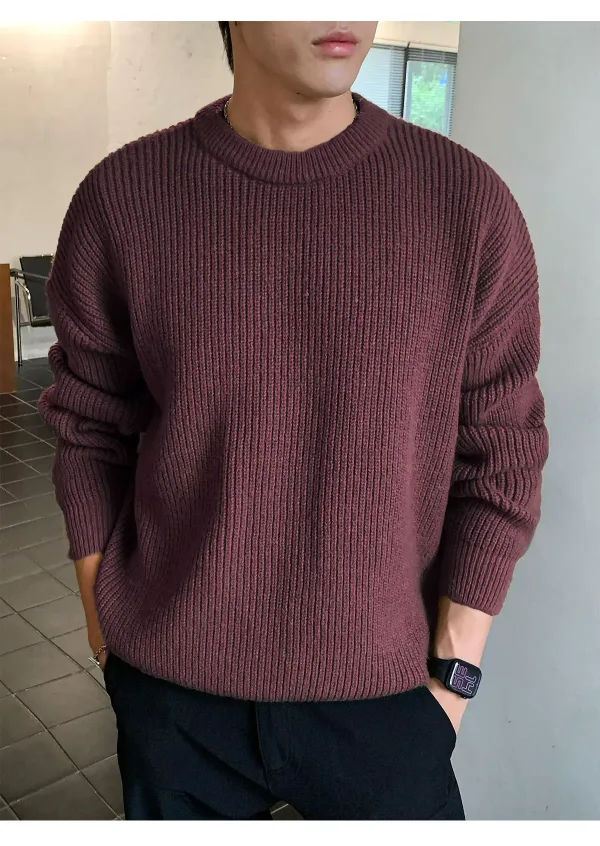 Heavy Thick-Knit Ribbed Crew-Neck Men's Sweater-Basic Solid Color Knitwear Winter Vintage Streetwear Outerwear